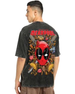 Men's Black Foodie Deadpool Graphic Printed Oversized Acid Wash T-shirt