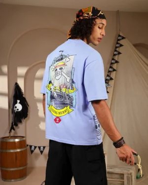 Men's Blue Going Merry Graphic Printed Oversized T-shirt